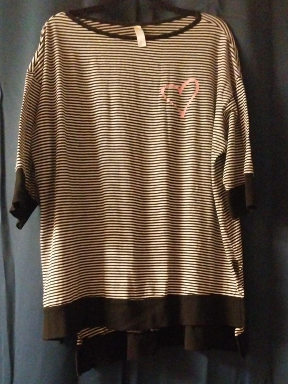 Womans Black & White Striped Top with Pink Heart